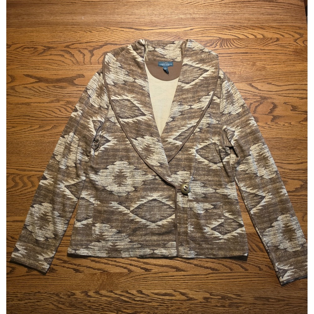 LRL Lauren Jeans Co. Cotton Blazer Cardigan Womens Size Large Aztec Brown Soft
